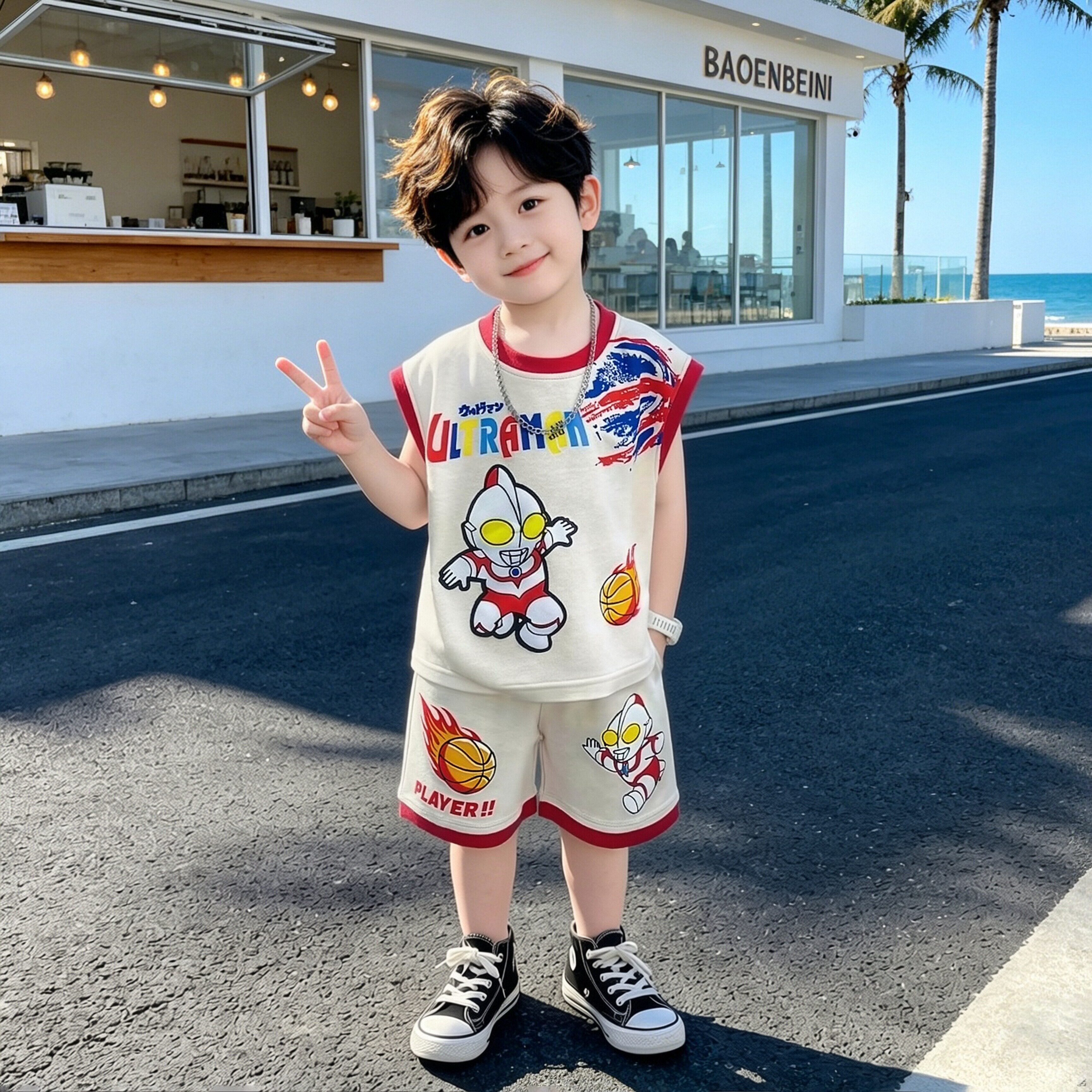 奥特曼衣服男童夏季套装2026新款儿童无袖运动背心套宝宝夏装潮帅