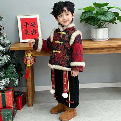 男童拜年服唐装加绒儿童汉服冬装红色喜庆服套装元旦厚儿童演出服