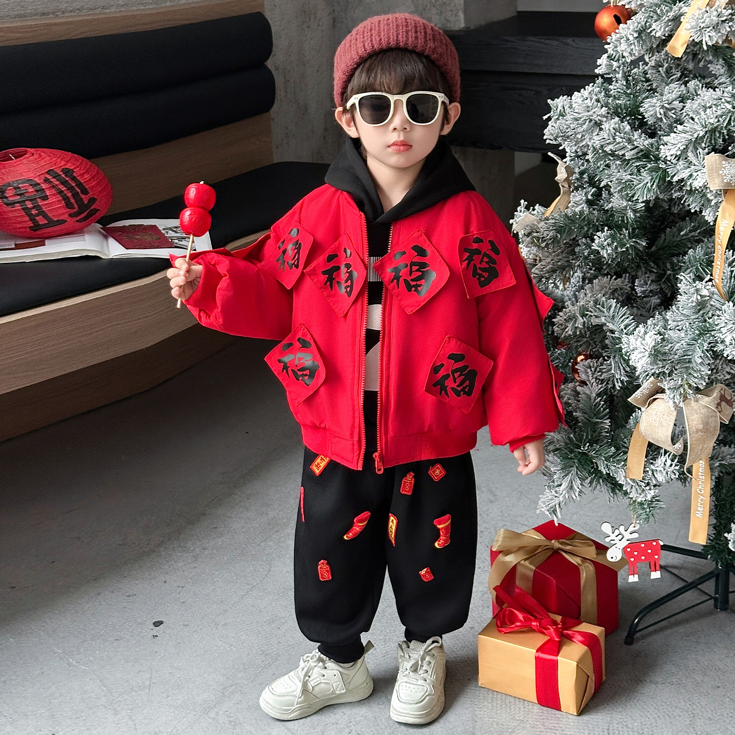 男童红色套装夹棉秋冬装2025新款男孩韩范加厚外套儿童棉服拜年服
