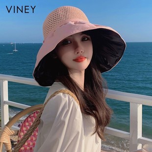 Viney防晒帽子女款 2024新款 夏太阳帽遮阳防紫外线草帽黑胶渔夫帽