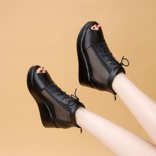 女真皮坡跟鱼嘴鞋 女外穿透气厚底网纱罗马鞋 女防滑凉靴子 凉鞋 夏季