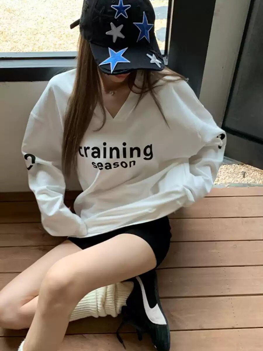 美式字母印花v领白色卫衣女秋冬新款慵懒风宽松运动休闲长袖上衣