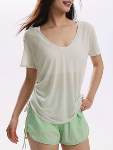 夏季侧边抽褶运动罩衫女遮屁股宽松休闲瑜伽t恤大领口薄款健身服