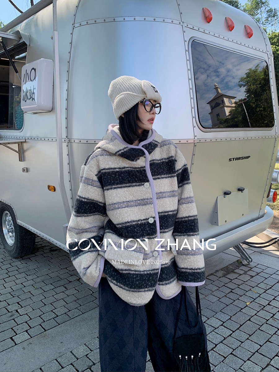 费尔岛少女 秋冬撞色提花仿羊羔毛外套女连帽宽松休闲风衣