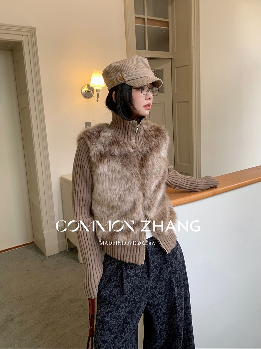 秋冬针织拼接环保毛皮毛一体毛毛外套女名媛修身短小个子毛衣外套