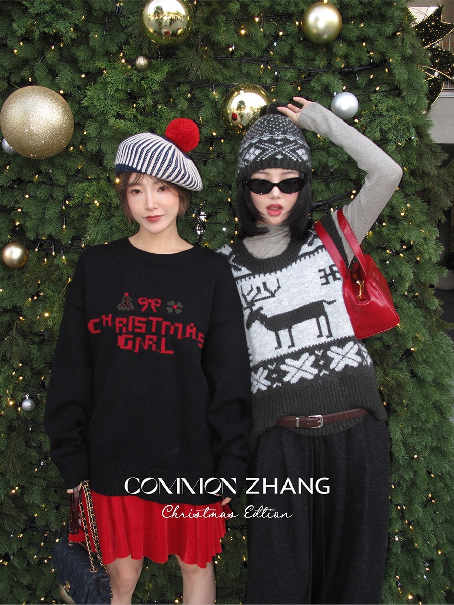 圣诞氛围感羊毛提花针织马甲女秋冬费尔岛毛衣背心+帽子