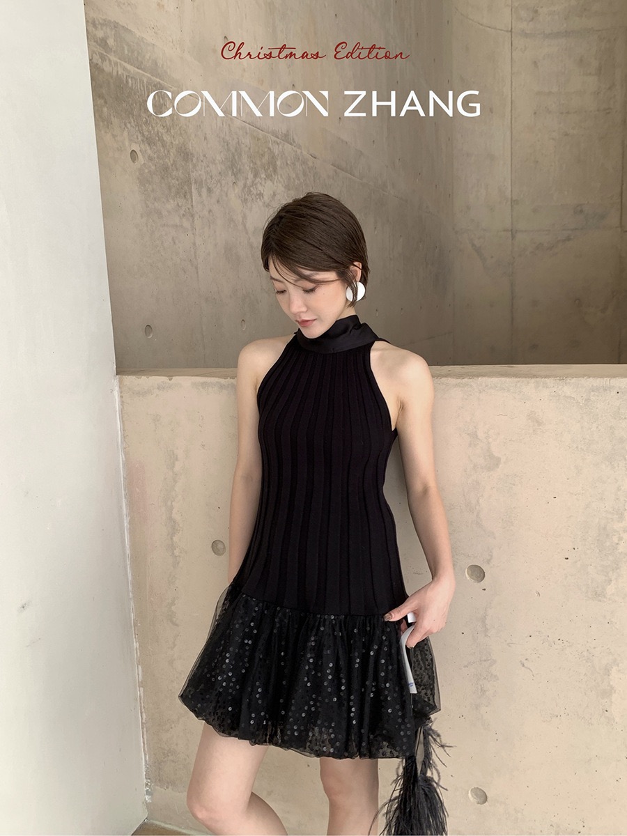 年会无袖高领露背系带拼接a字针织背心名媛修身连衣裙女晚礼服