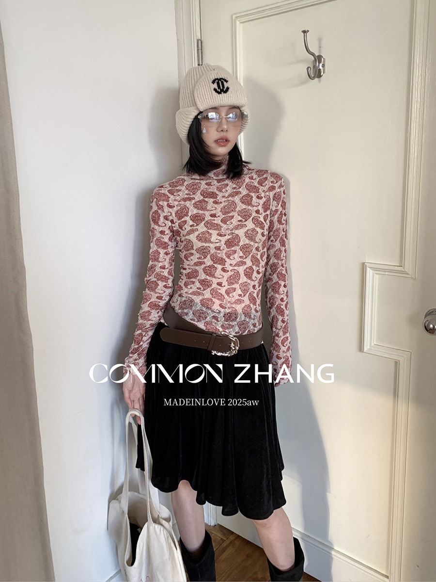 辣妹性感微透网纱印花打底衫女纯欲风修身长袖T恤秋冬