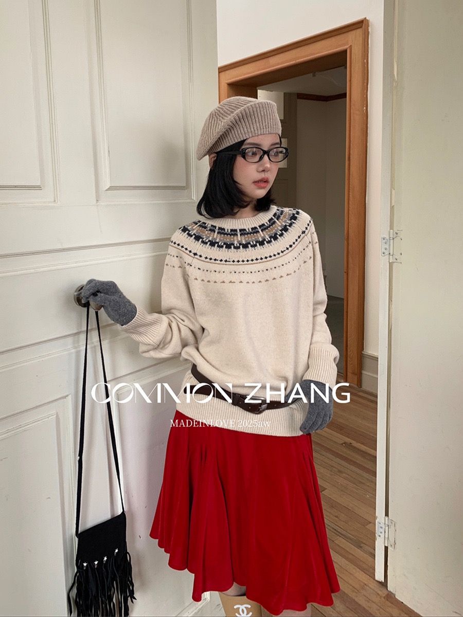 秋冬新款费尔岛提花圆领套头毛衣女宽松慵懒风针织衫上衣