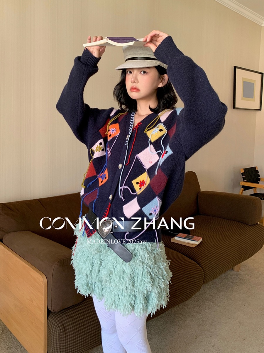 费尔岛少女秋冬复古菱格纹针织开衫女宽松慵懒风毛衣外套