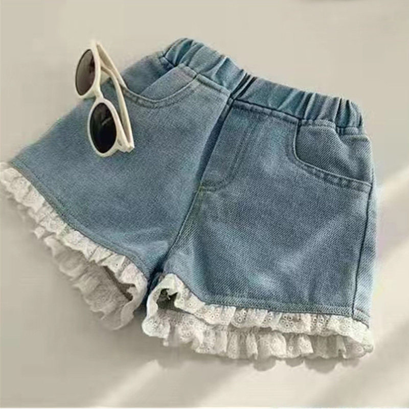 外贸童装货源厂家直销 夏季女童韩版牛仔短裤中大童洋气蕾丝短裤