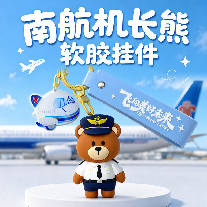南航文创机长熊软胶钥匙扣挂件