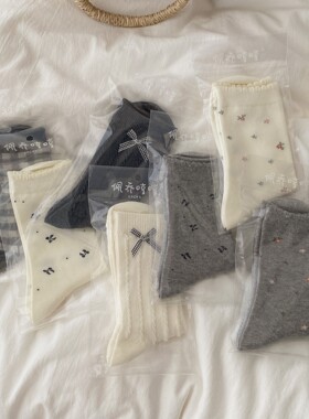 秋冬立体蝴蝶结无骨中筒袜甜美袜子女少女花边袜灰色麻花堆堆袜