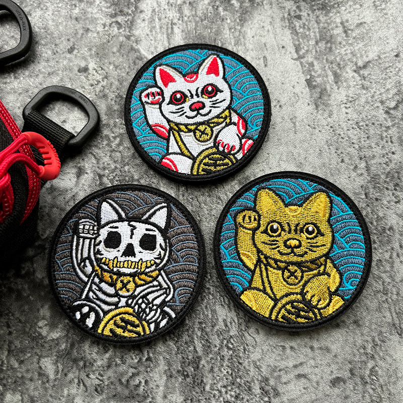 幸运猫咪金属线刺绣魔术贴LUCKY CAT招财猫创意冲锋衣臂章士气章