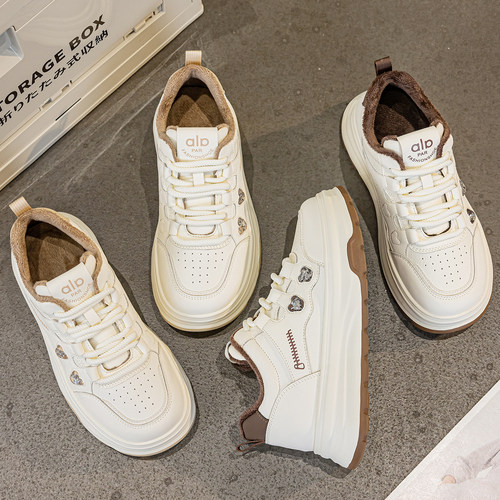 真皮大码休闲厚底加绒小白鞋女潮