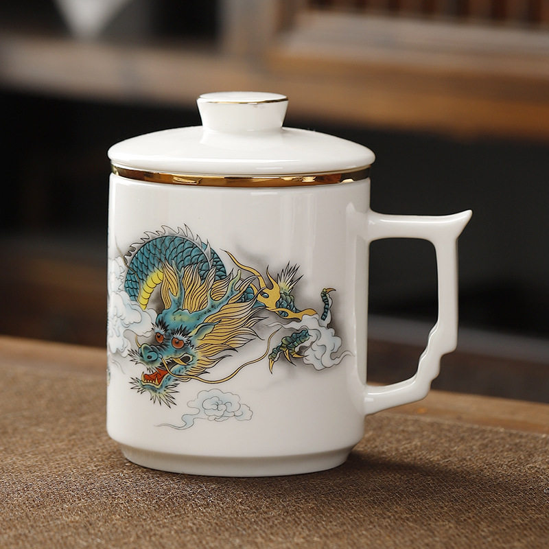 陶瓷茶杯羊脂玉茶具三件套杯子个人办公杯茶杯过滤礼品logo商务