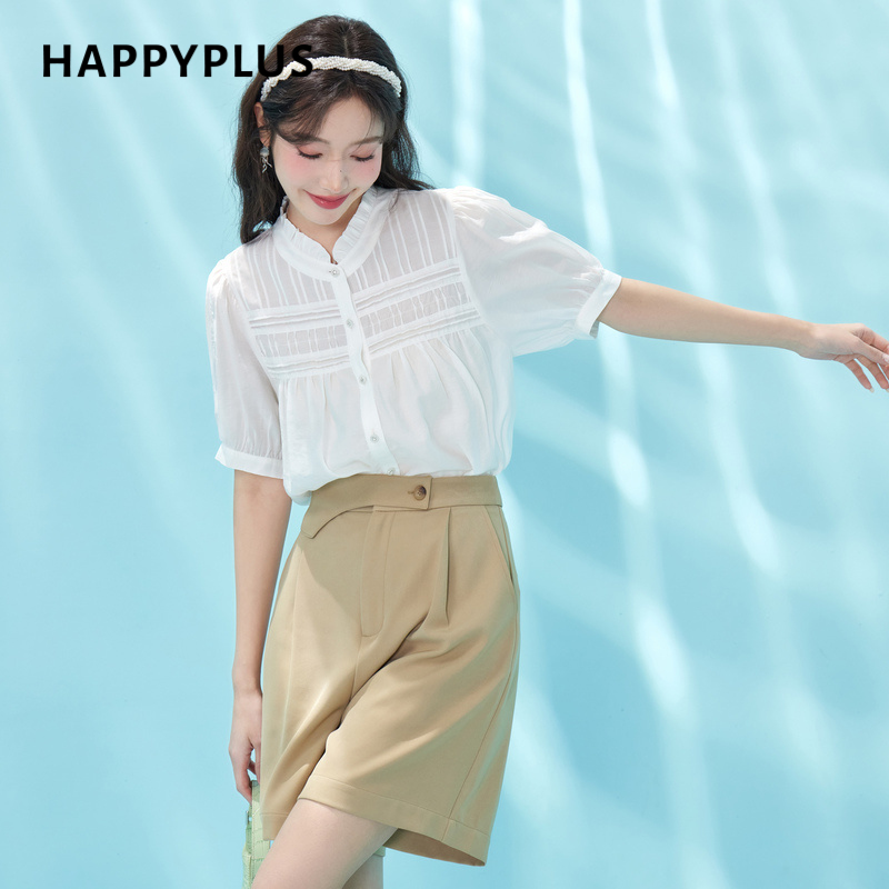 happyplus宫廷风立领短袖衬衫