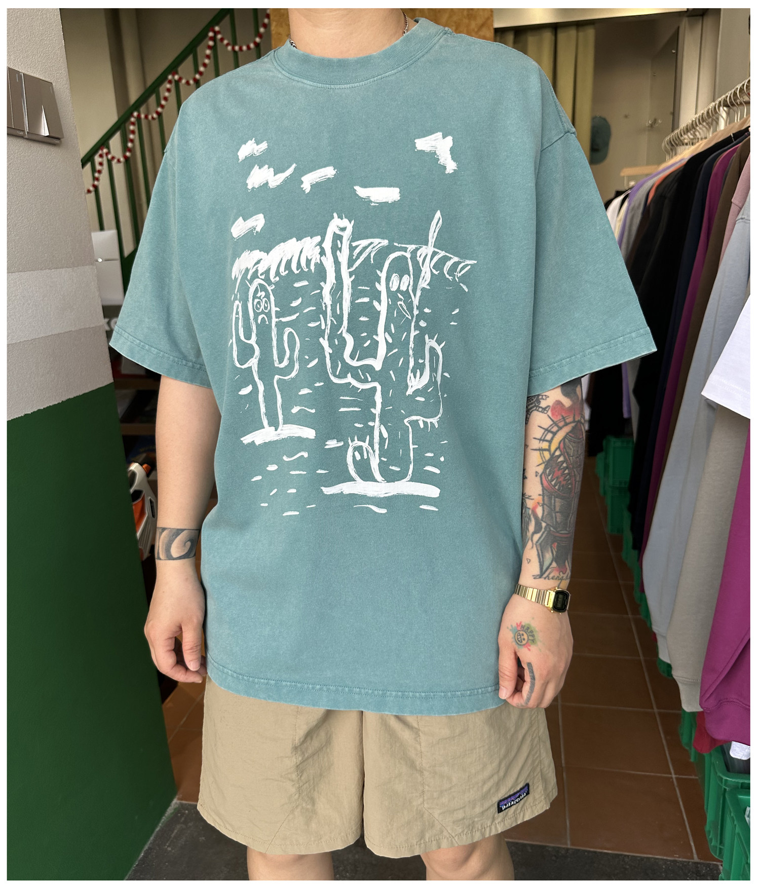涂鸦仙人掌 美式休闲复古水洗做旧夏天多巴胺小领口纯棉短袖T恤