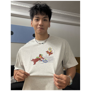 小熊爱打网球 运动主题卡通印花短袖T恤纯棉宽松男女款无性别半袖