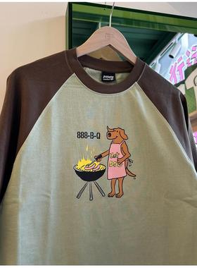 一起8BQ趣味恶搞狗狗印花hotd og长袖插肩撞色T恤无性别男女款