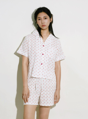 翻领薄款纯棉睡衣全棉短袖短裤夏季女士家居服开衫套装心印花白色
