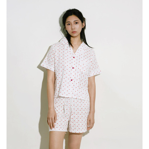 印花全棉女睡衣夏季短袖套装白色