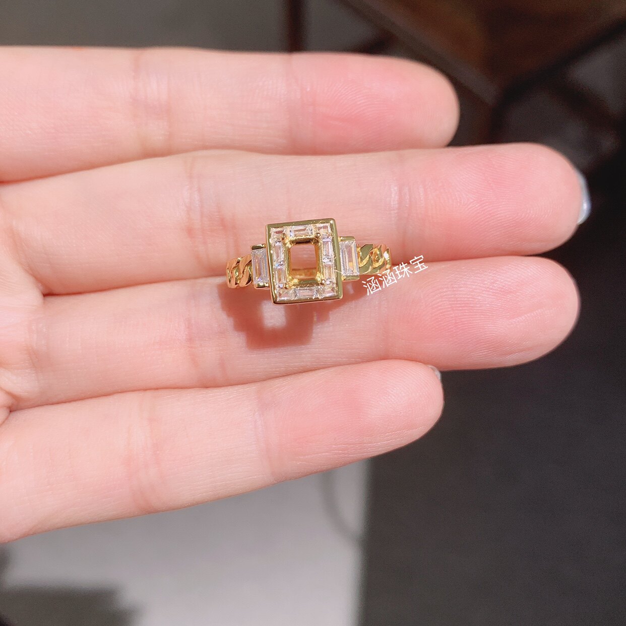 s925纯银戒指空托豪华款 长方形4*5mm代镶碧玺 尖晶 欧泊 时尚  b