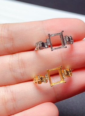 s925银戒指空托长方形6*7mm简约时尚代镶黄水晶 托帕石  x