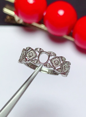 925银戒指空托椭圆形4*5mm精美时尚镂空设计 可调节戒圈