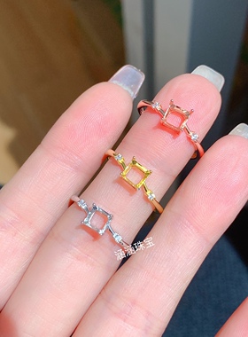 s925银戒指空托简单清新款 方形5*5mm代镶透辉石 碧玺 托拍石 J