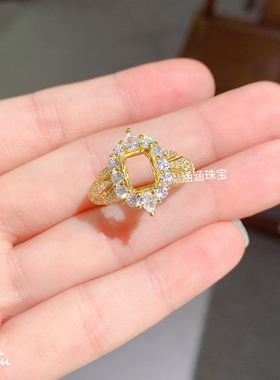 新款s925纯银空托 长方形6*8mm代镶玉石 晶石 时尚百搭清新  b