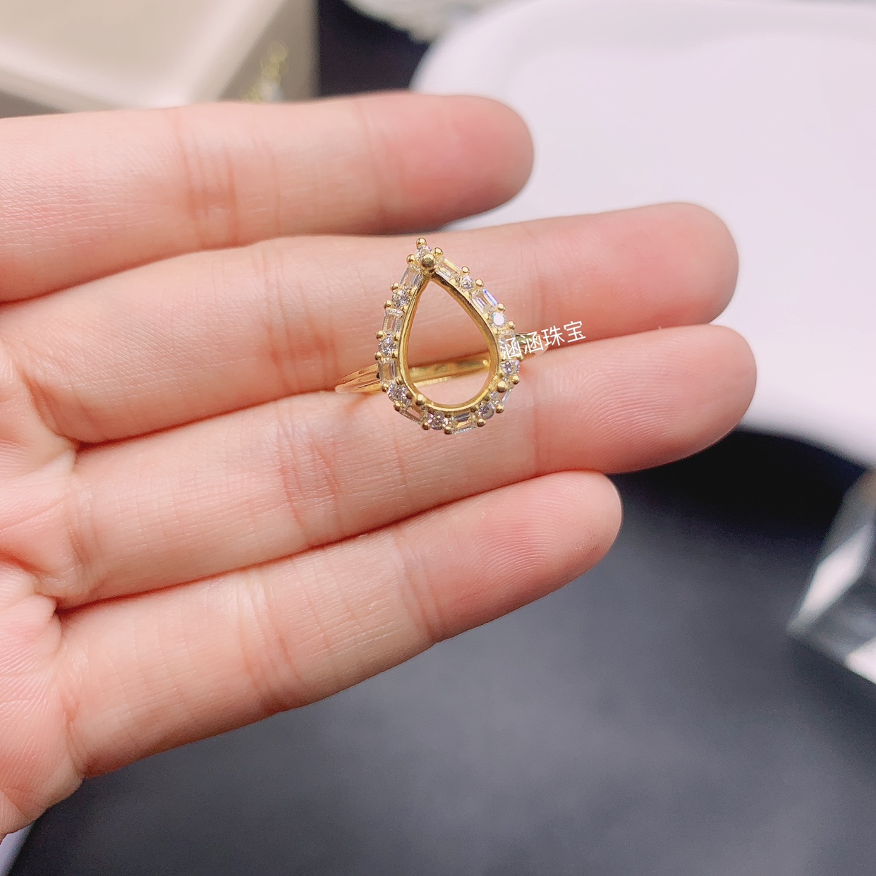 s925银饰品戒指空托水滴形8*12mm代镶水晶 玉石 电镀黄金色 简约x
