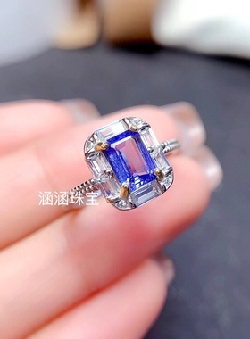 s925银饰品戒指空托 长方形4*6 5*7mm代镶坦桑石 透辉石 海蓝宝