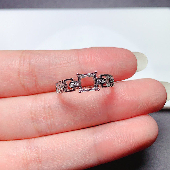 s925银戒指空托正方5*5/6*6/8*8mm简约 个性设计 代镶沙弗莱 m