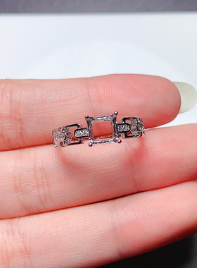 s925银戒指空托正方5*5/6*6/8*8mm简约 个性设计 代镶沙弗莱 m