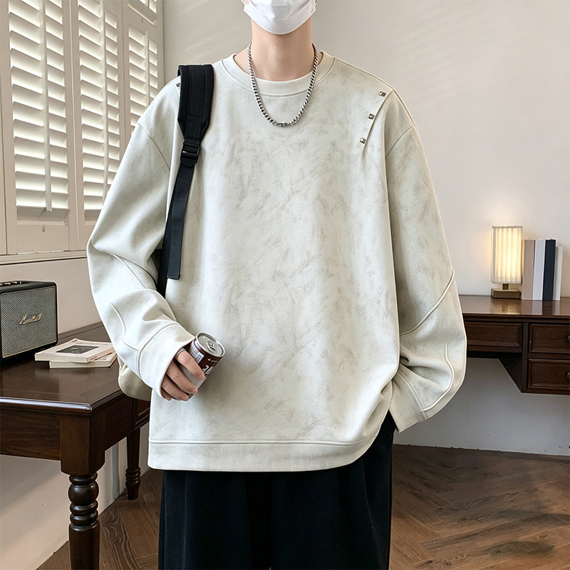 2026棉质印花老钱风男生铆钉圆领长袖卫衣简约学生上衣青少年秋装