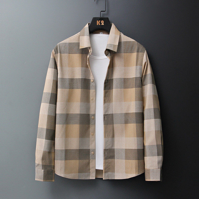 2026春装新款轻商务弹力时尚格子抗皱长袖衬衫男百搭衬衣青年上衣