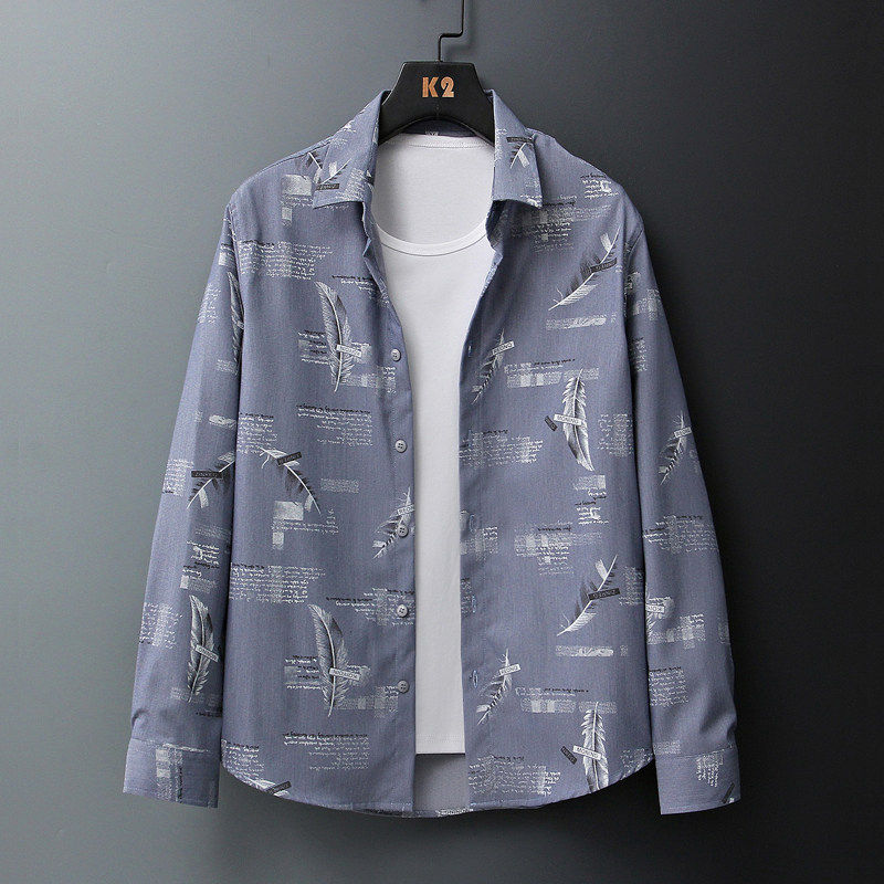 2026春装新款男士弹力竹纤维抗皱大羽毛长袖衬衫潮男百搭休闲衬衣