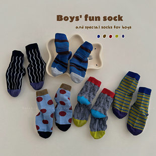 韩国男女童袜子春秋季无骨中筒袜儿童ins波点条纹潮袜男孩棉袜