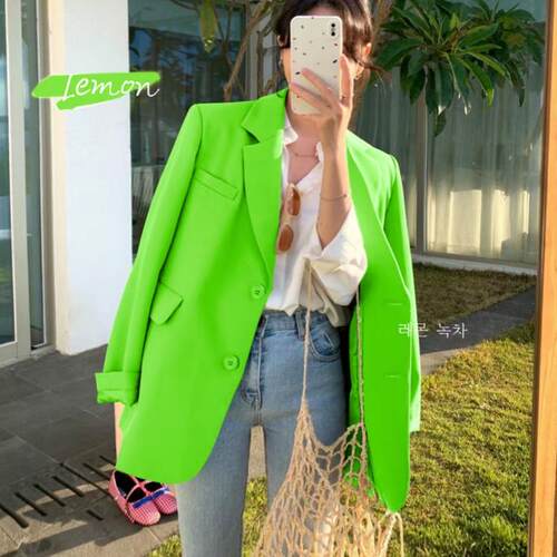 Chic荧光绿西装外套女高级感炸街韩版通勤休闲2025春季小西服上衣