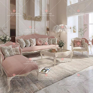 美式 布艺别墅贵妃沙发组合 法式 轻奢实木丝绒客厅沙发双人三人欧式