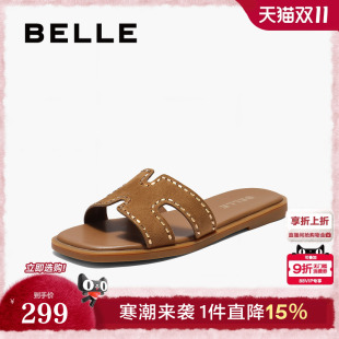 真皮沙滩可外穿拖鞋 新款 B2612BT5 子平底一字拖2025夏季 百丽女鞋