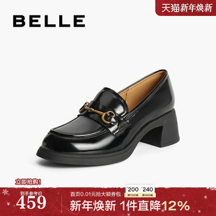 马衔扣粗高跟乐福鞋 黑色小皮鞋 3A625CA4 子英伦通勤单鞋 百丽女鞋