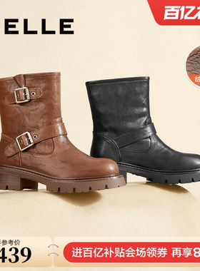 百丽复古美拉德西部靴女冬季新款真皮机车靴加绒短靴子B8G1DDZ4