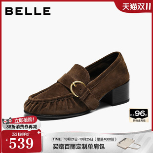 增高5CM百丽粗高跟羊皮乐福鞋女鞋2027春新款法式单鞋B3523AA7