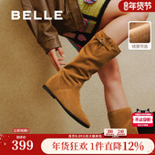 百丽女靴子复古西部靴堆堆靴加绒保暖冬季 新款 内增高筒靴E5Y1DDG5