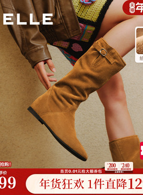 百丽女靴子复古西部靴堆堆靴加绒保暖冬季新款内增高筒靴E5Y1DDG5