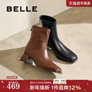 百丽女靴子弹力靴褶皱新款 靴通勤显瘦瘦短靴B2348DZ4 粗高跟时装