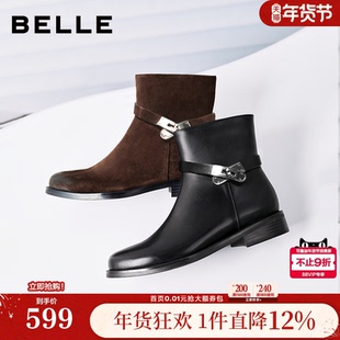 百丽女靴真皮通勤时装靴冬新款粗跟瘦瘦靴绒面中筒短靴3QF48DD5