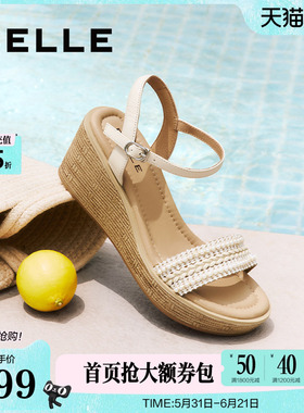 百丽度假风一字带凉鞋夏季新款妈妈坡跟松糕凉鞋子D8T1DBL5